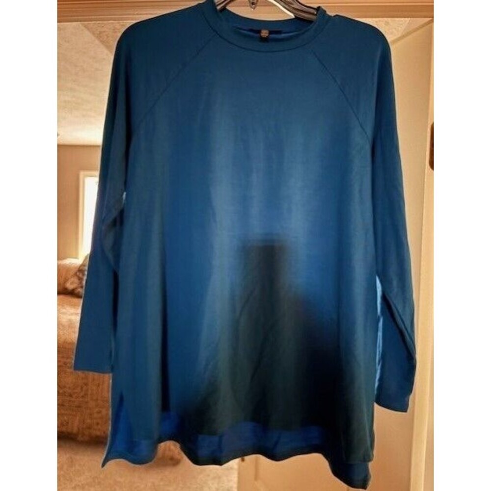 Eileen Fisher Style  63918  SZ Medium Blue Green Stretch Jersey Knit Crew Tunic - Picture 8 of 13